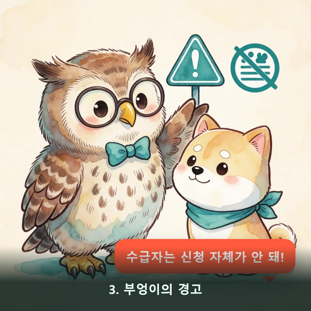 웹툰 3컷 — 3. 부엉이의 경고 (수급자는 신청 자체가 안 돼!)