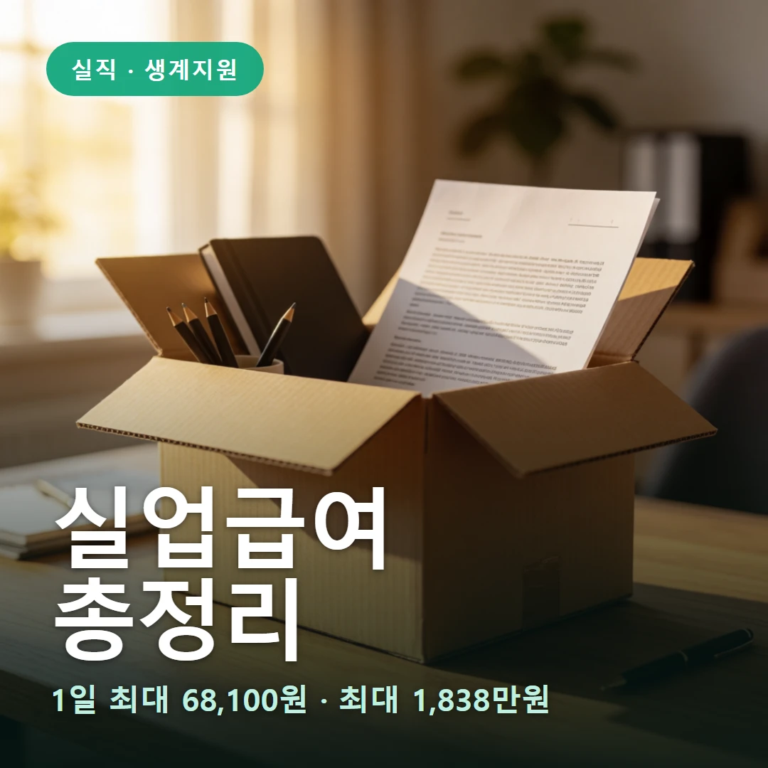 실업급여 요약 표지 — 1일 최대 68,100원 · 최대 1,838만원