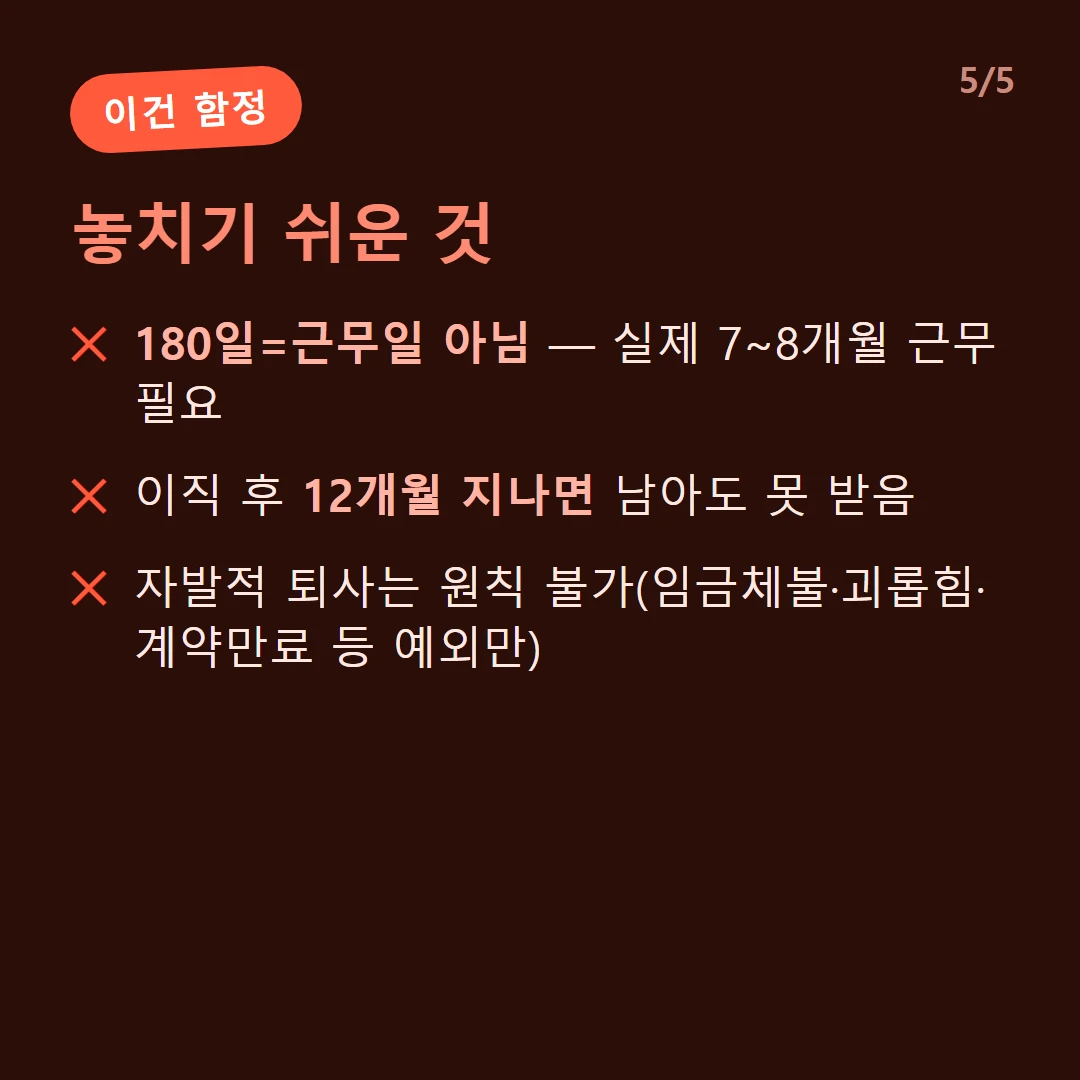 놓치기 쉬운 것 — 180일=근무일 아님 — 실제 7~8개월 근무 필요 / 이직 후 12개월 지나면 남아도 못 받음 / 자발적 퇴사는 원칙 불가(임금체불·괴롭힘·계약만료 등 예외만)