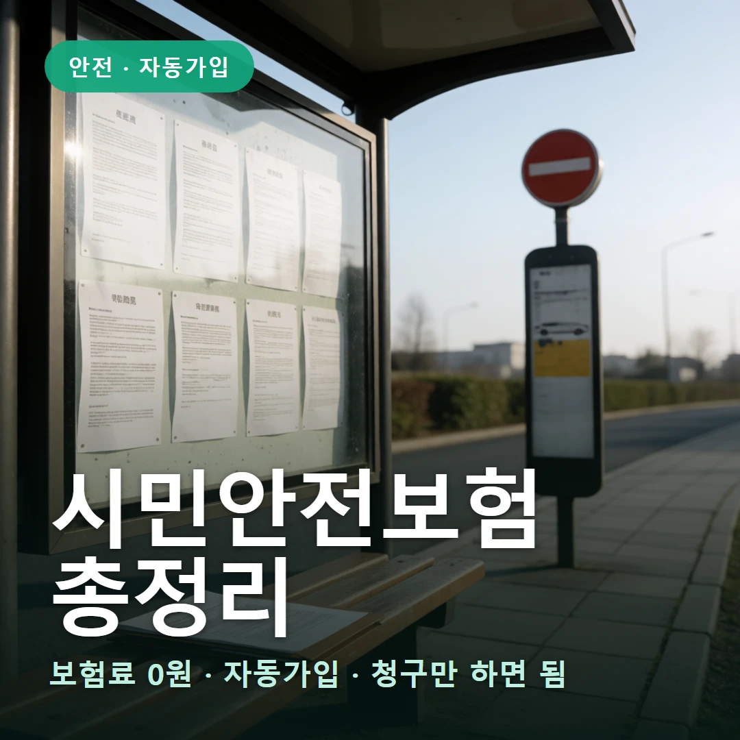 시민안전보험 요약 표지 — 보험료 0원 · 자동가입 · 청구만 하면 됨