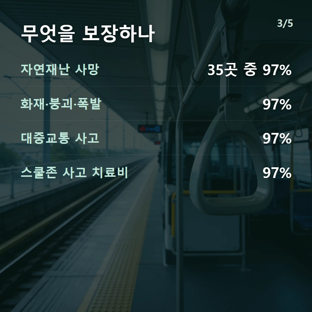 무엇을 보장하나 — 자연재난 사망 35곳 중 97%, 화재·붕괴·폭발 97%, 대중교통 사고 97%, 스쿨존 사고 치료비 97%