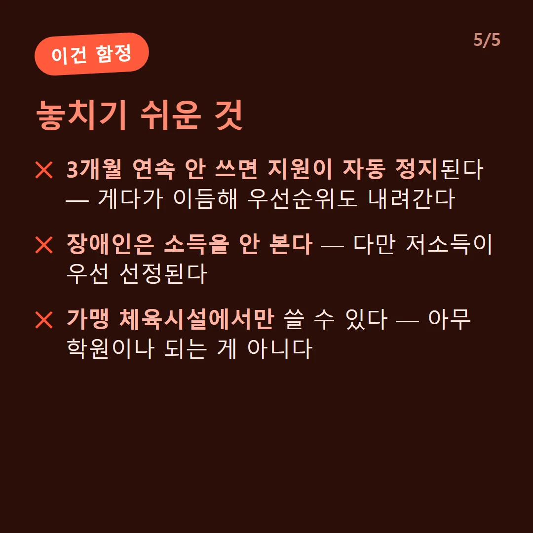 놓치기 쉬운 것 — 3개월 연속 안 쓰면 지원이 자동 정지된다 — 게다가 이듬해 우선순위도 내려간다 / 장애인은 소득을 안 본다 — 다만 저소득이 우선 선정된다 / 가맹 체육시설에서만 쓸 수 있다 — 아무 학원이나 되는 게 아니다