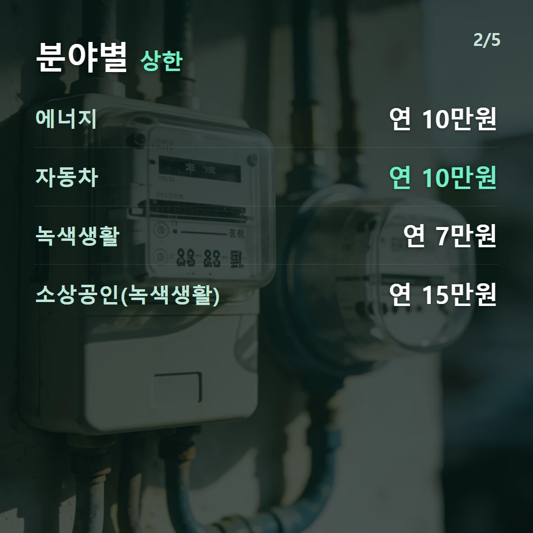 분야별 상한 — 에너지 연 10만원, 자동차 연 10만원, 녹색생활 연 7만원, 소상공인(녹색생활) 연 15만원