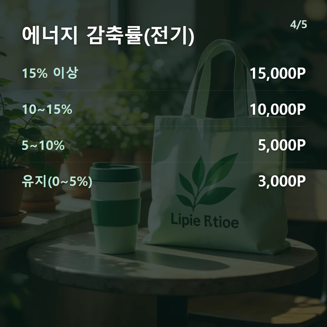 에너지 감축률(전기) — 15% 이상 15,000P, 10~15% 10,000P, 5~10% 5,000P, 유지(0~5%) 3,000P