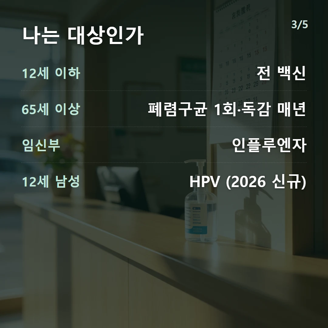 나는 대상인가 — 12세 이하 전 백신, 65세 이상 폐렴구균 1회·독감 매년, 임신부 인플루엔자, 12세 남성 HPV (2026 신규)