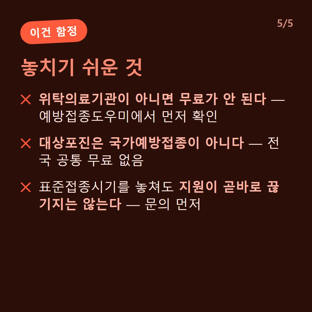 놓치기 쉬운 것 — 위탁의료기관이 아니면 무료가 안 된다 — 예방접종도우미에서 먼저 확인 / 대상포진은 국가예방접종이 아니다 — 전국 공통 무료 없음 / 표준접종시기를 놓쳐도 지원이 곧바로 끊기지는 않는다 — 문의 먼저