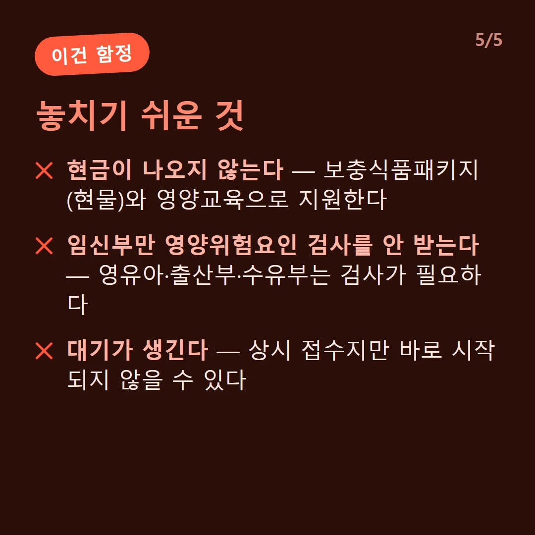 놓치기 쉬운 것 — 현금이 나오지 않는다 — 보충식품패키지(현물)와 영양교육으로 지원한다 / 임신부만 영양위험요인 검사를 안 받는다 — 영유아·출산부·수유부는 검사가 필요하다 / 대기가 생긴다 — 상시 접수지만 바로 시작되지 않을 수 있다
