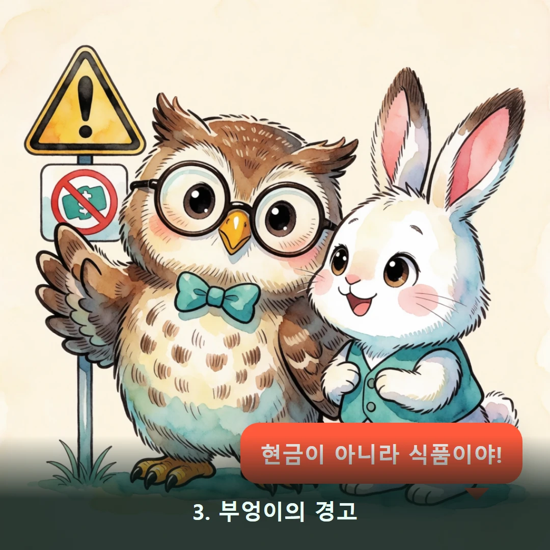 웹툰 3컷 — 3. 부엉이의 경고 (현금이 아니라 식품이야!)