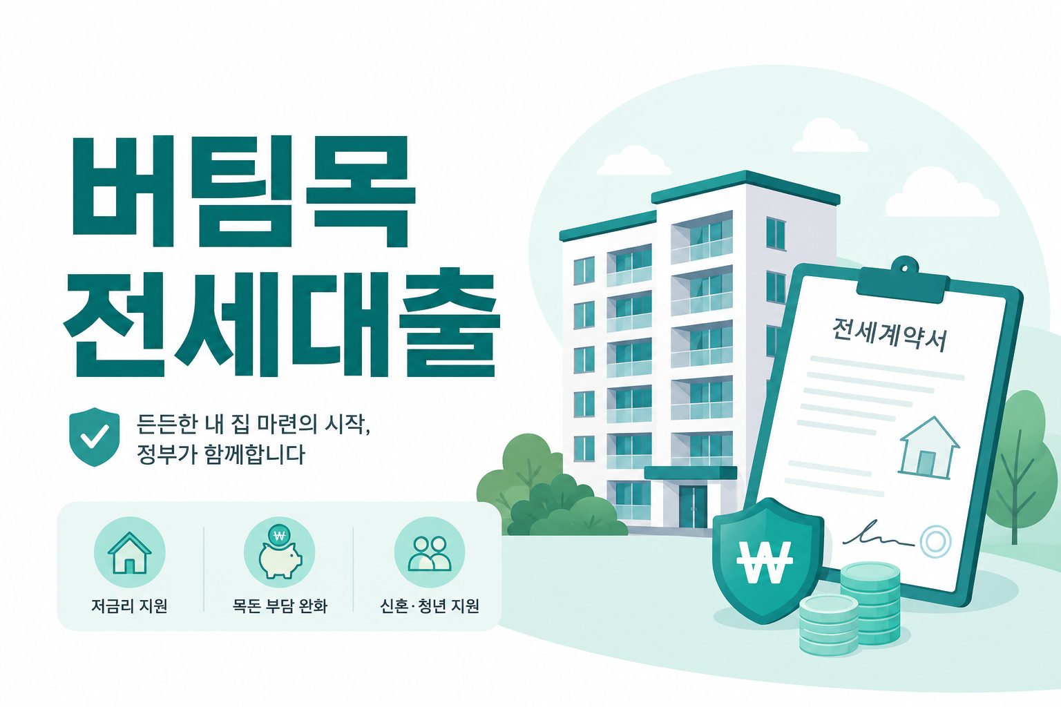 버팀목 전세자금대출 안내 일러스트 — 전세보증금의 80% 이내, 저금리 (유형별 한도 상이)