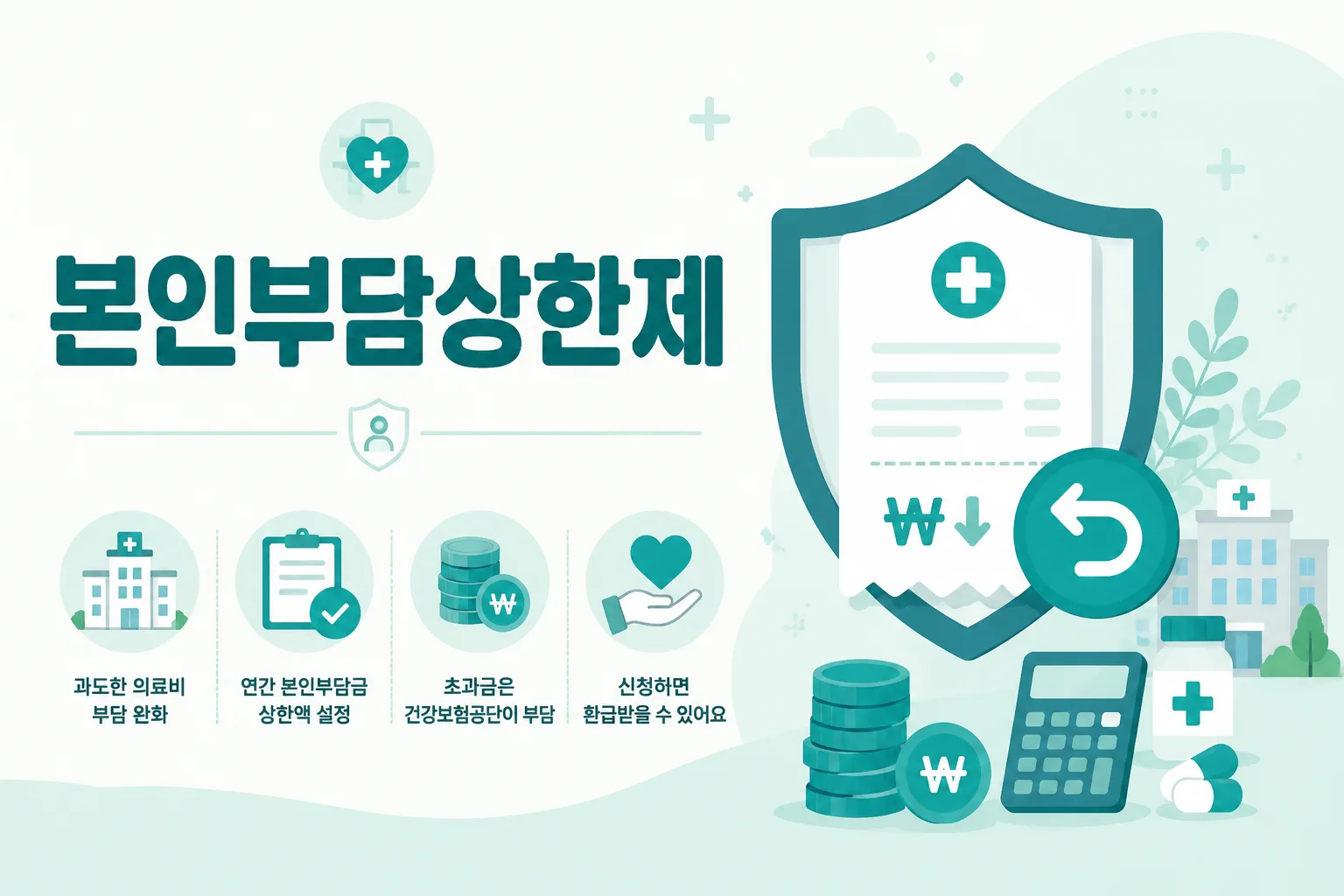 본인부담상한제 안내 일러스트 — 소득분위별 연 90만~843만원 초과분 환급