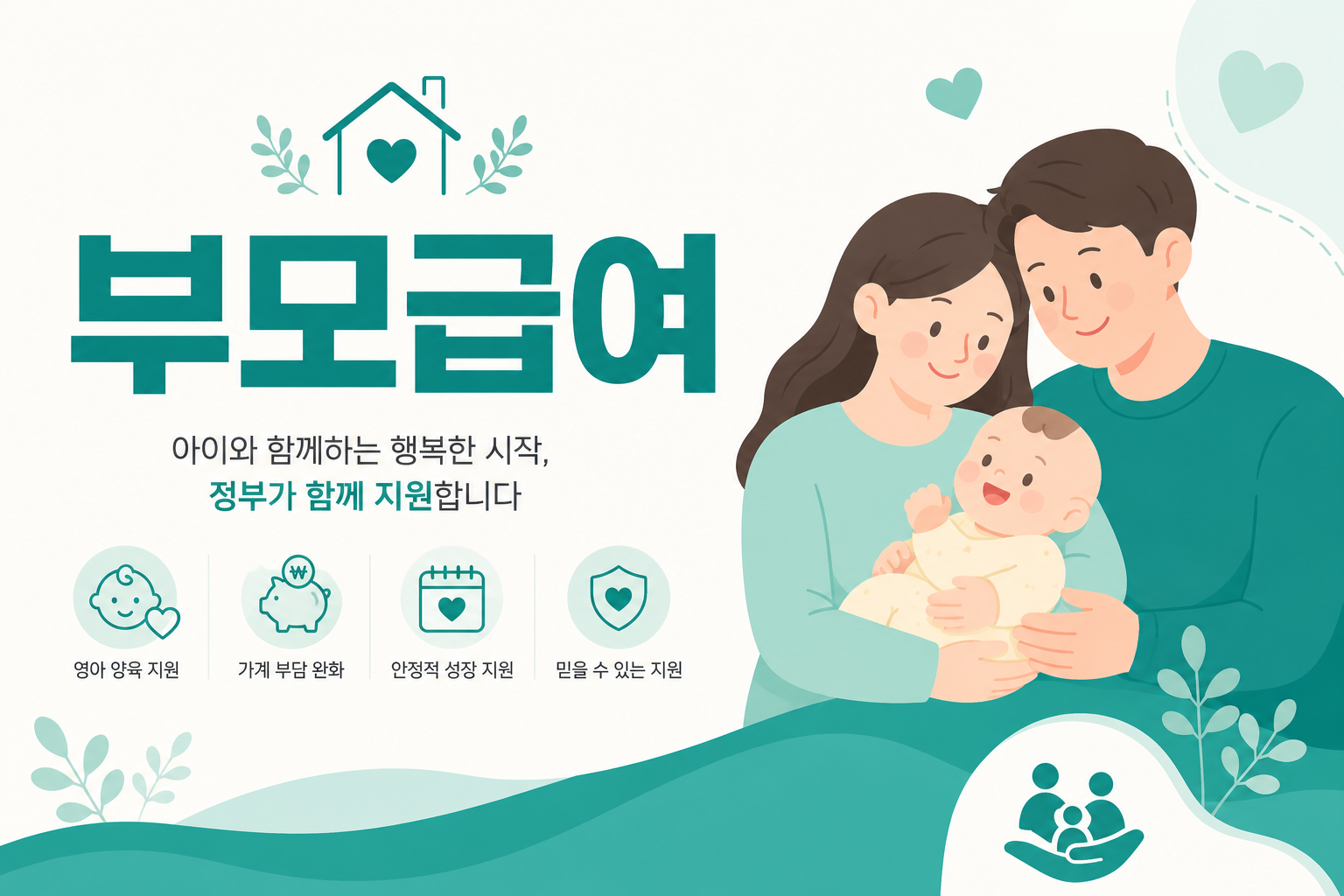 부모급여 안내 일러스트 — 0세 월 100만원 · 1세 월 50만원