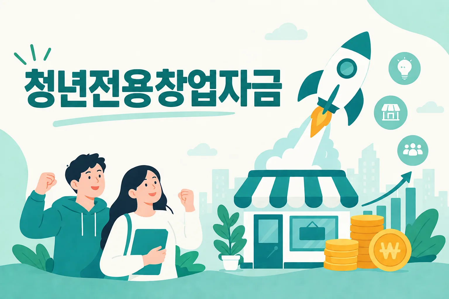 청년전용창업자금 안내 일러스트 — 최대 1억원(제조·중점분야 2억) · 연 2.5% 고정 · 직접대출