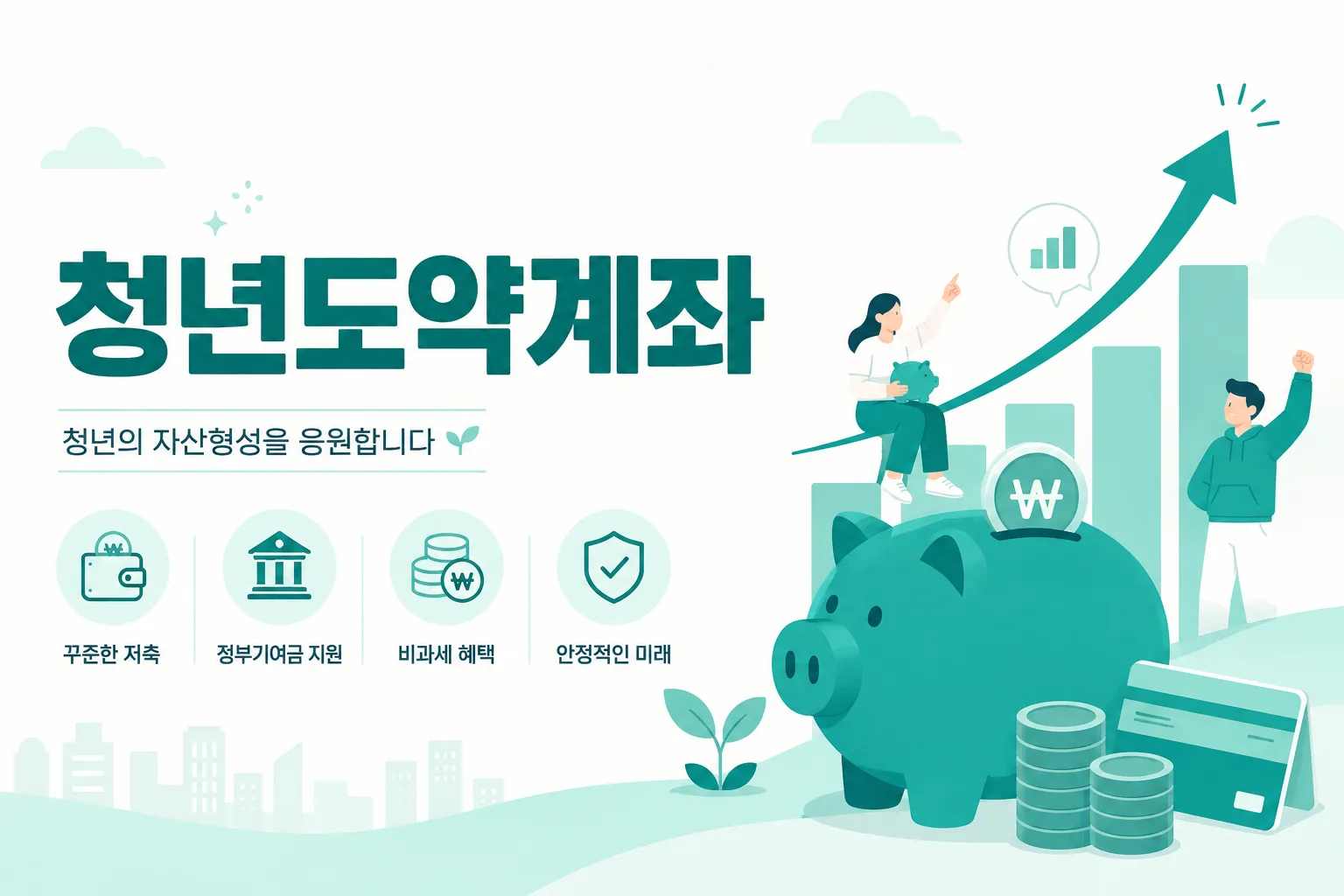 청년도약계좌 안내 일러스트 — 월 최대 70만원·5년, 만기 약 5천만원