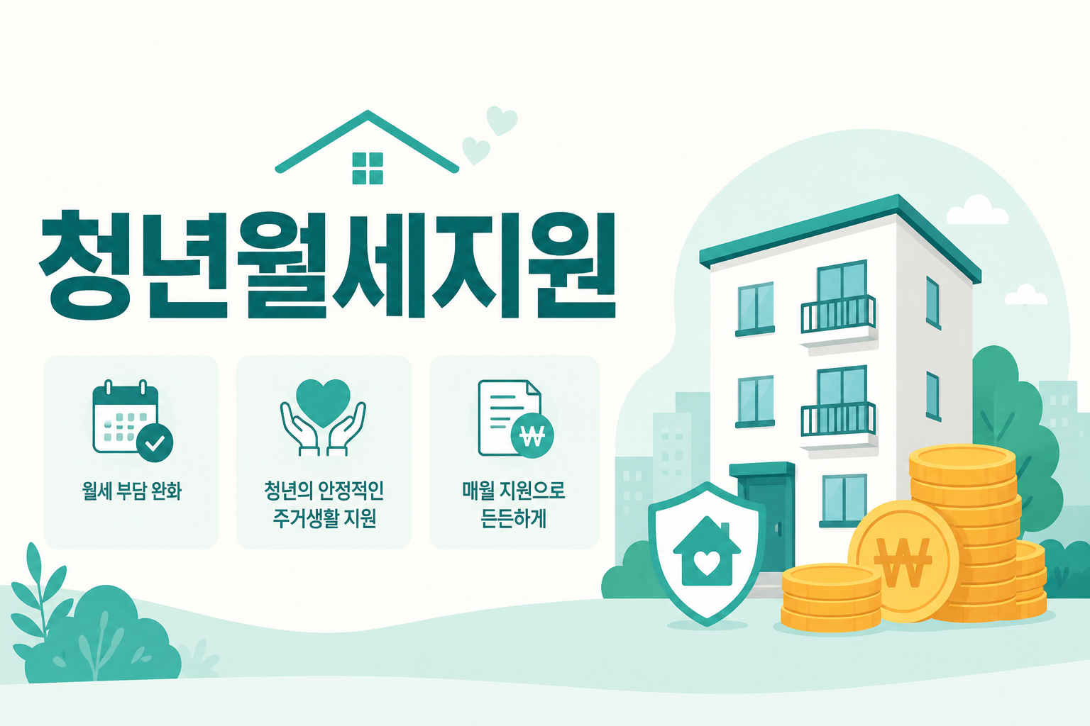 청년월세지원 안내 일러스트 — 월 최대 20만원 · 최대 24개월(총 480만원) · 생애 1회