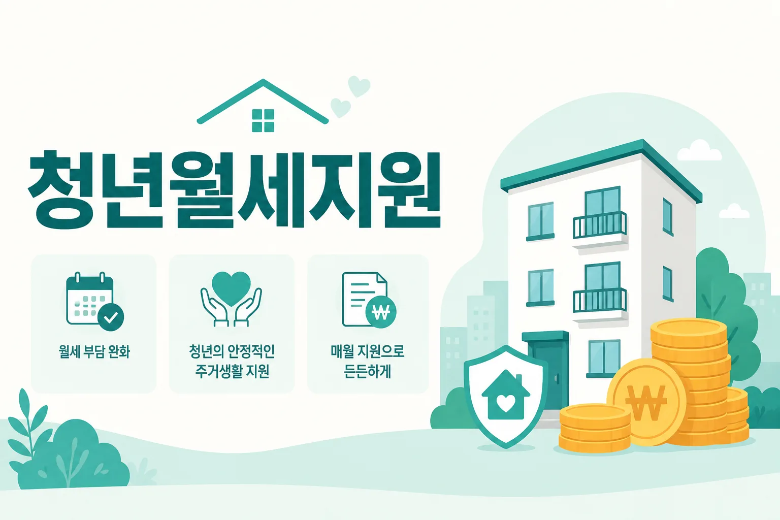 청년월세지원 안내 일러스트 — 주거급여·공공임대와 중복 조정될 수 있음