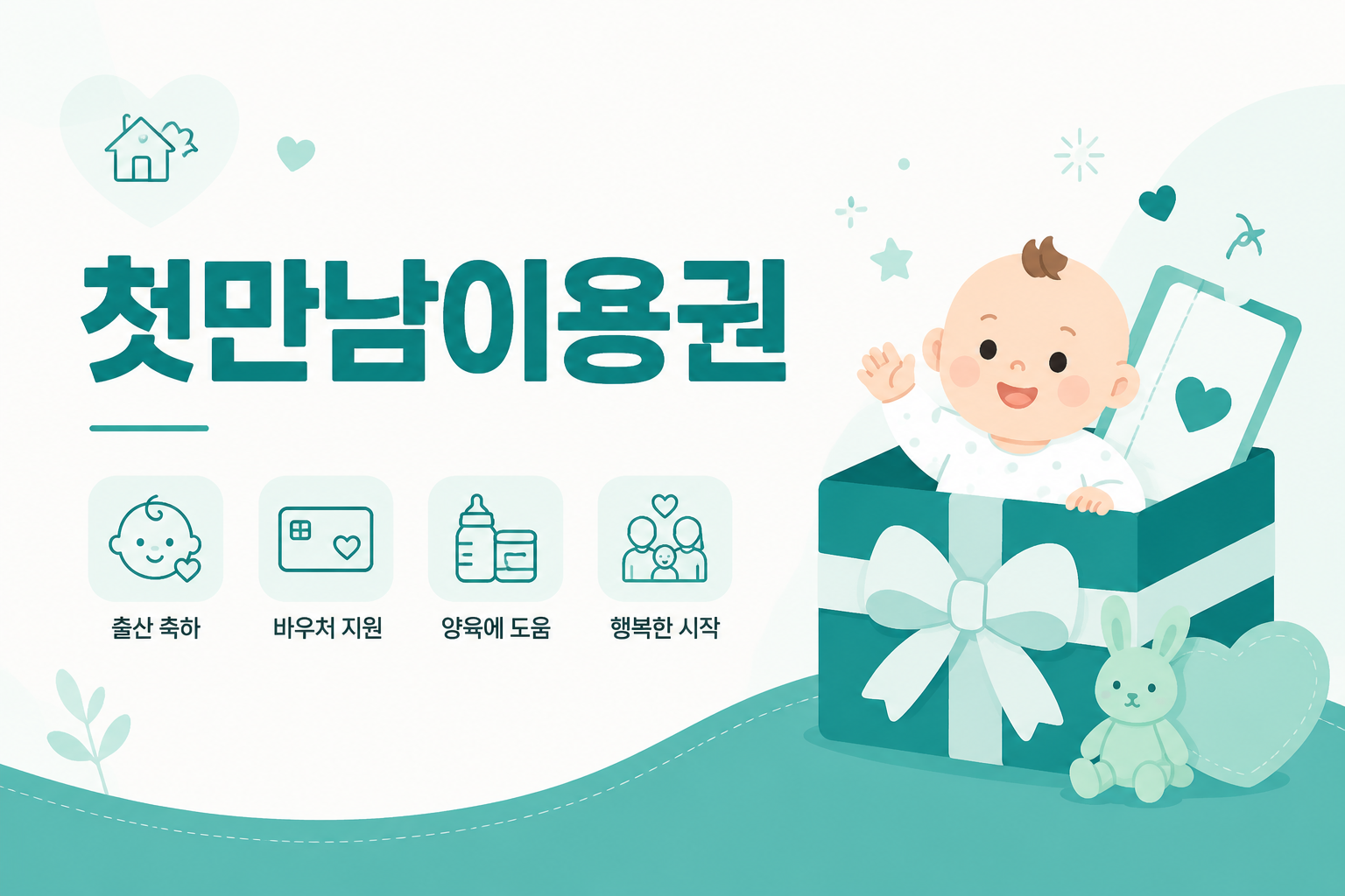 첫만남이용권 안내 일러스트 — 첫째 200만원 · 둘째 이상 300만원 (바우처)