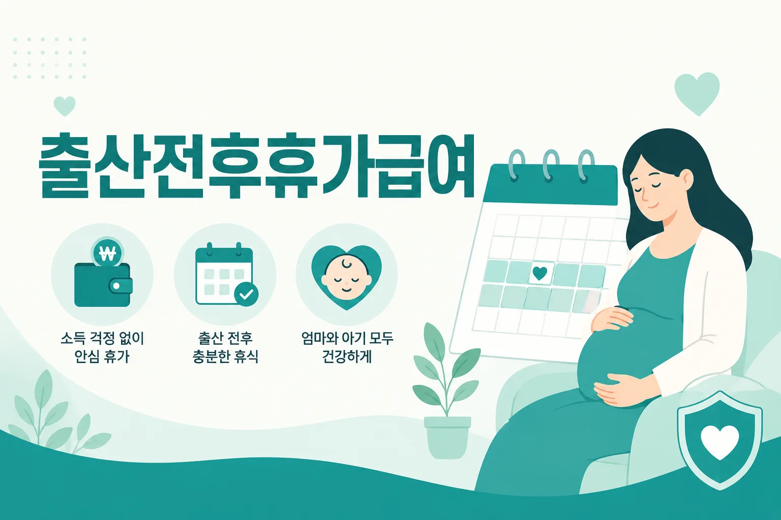 출산전후휴가급여 안내 일러스트 — 90일(다태아 120일) 통상임금 100%, 월 상한 220만원