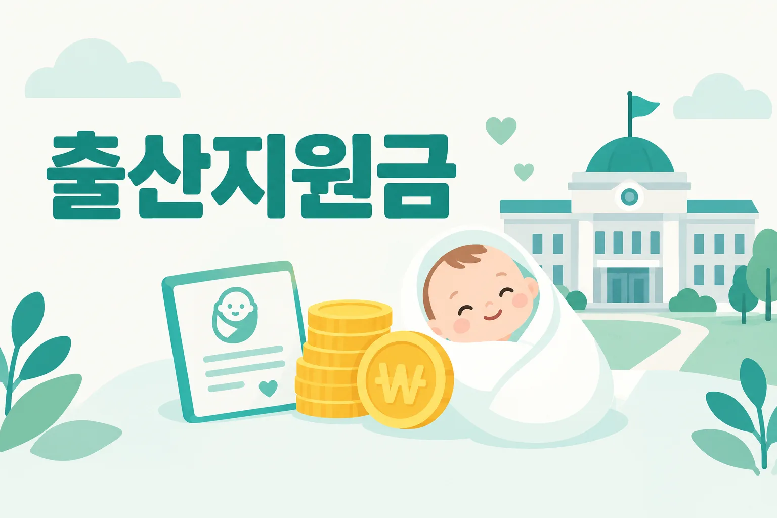 지자체 출산지원금 안내 일러스트 — 지자체별 상이 · 첫째 100만원대 ~ 넷째 이상 2,000만원대