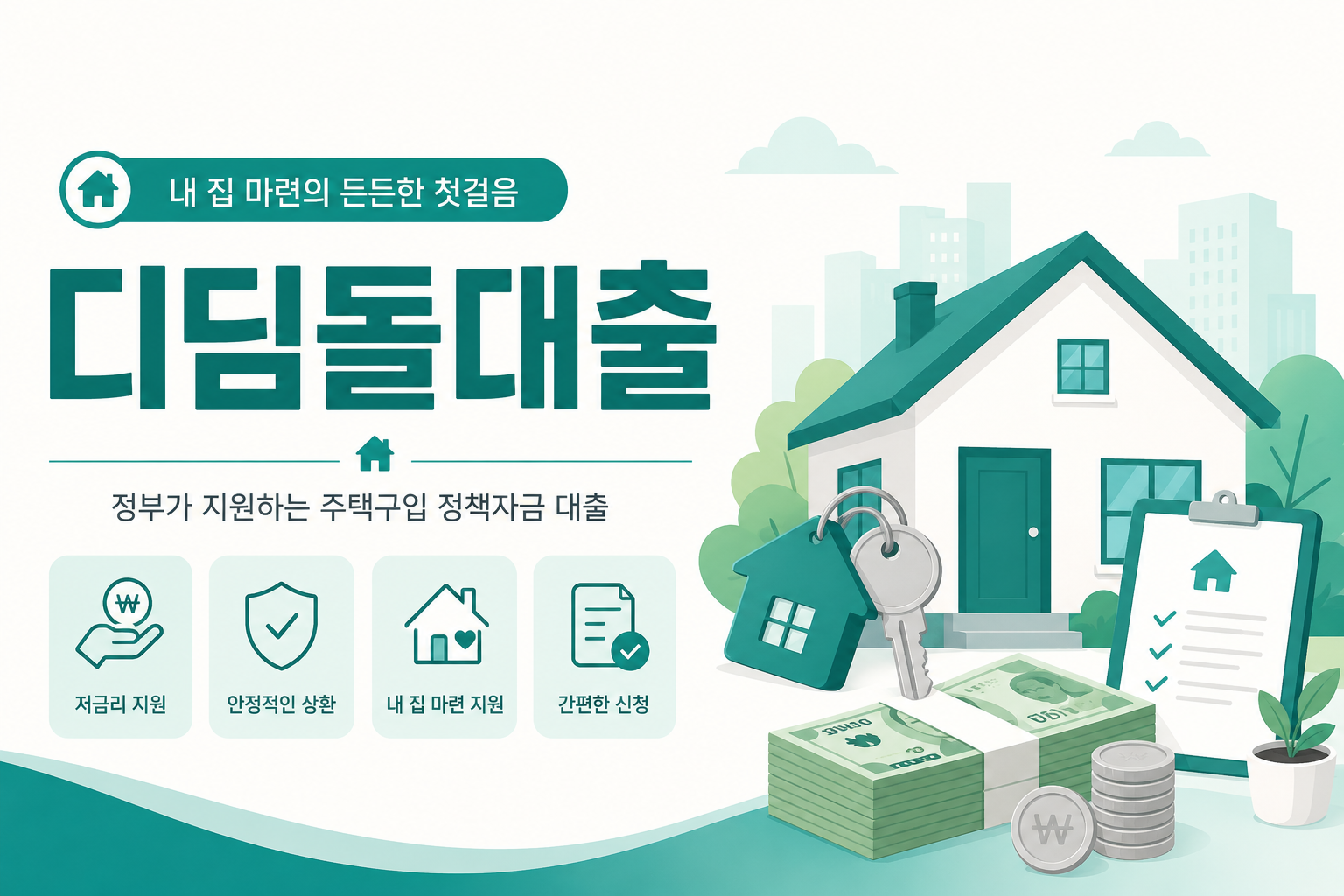 디딤돌대출 안내 일러스트 — 주택구입자금 최대 2억~3.2억원, 저금리