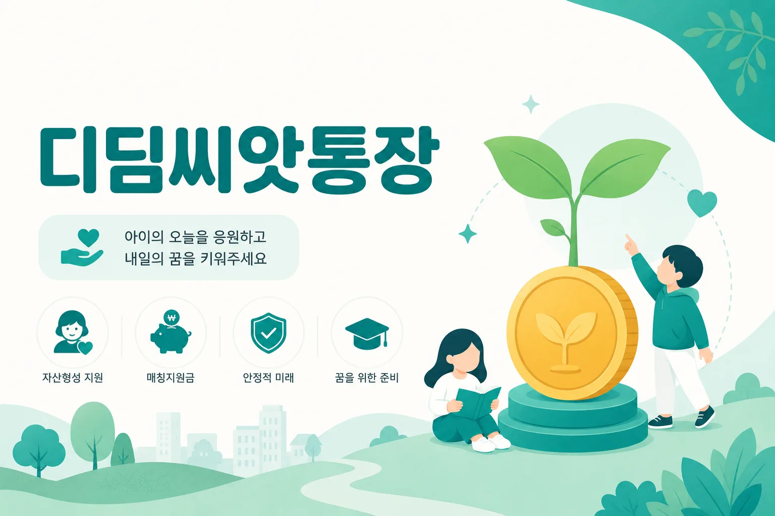 디딤씨앗통장 안내 일러스트 — 본인 적립에 1:2 매칭(정부 월 최대 10만원)