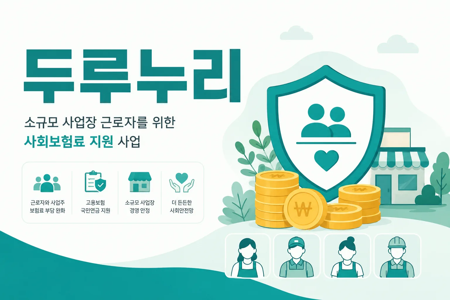 두루누리 사회보험료 지원 안내 일러스트 — 고용보험·국민연금 보험료 80% 지원