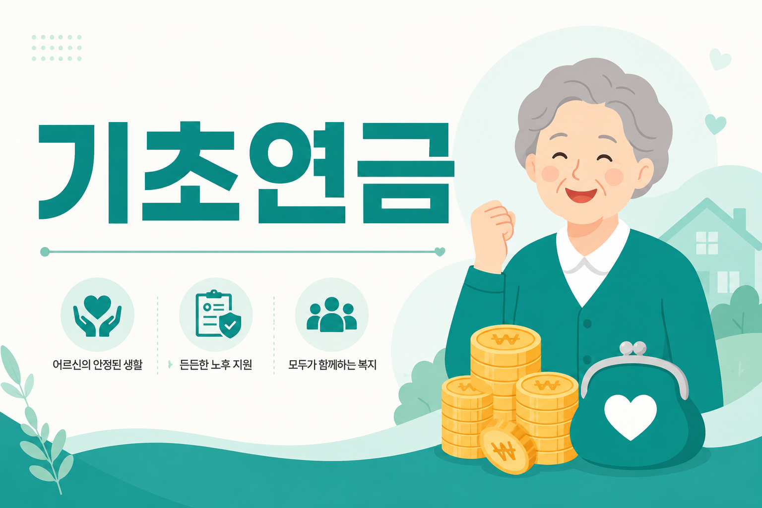 기초연금 안내 일러스트 — 단독 월 최대 34만 9,700원