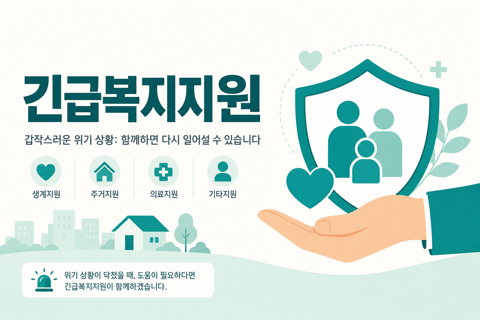 긴급복지 지원제도 안내 일러스트 — 생계지원 4인 월 199만원 등 위기 유형별 지원