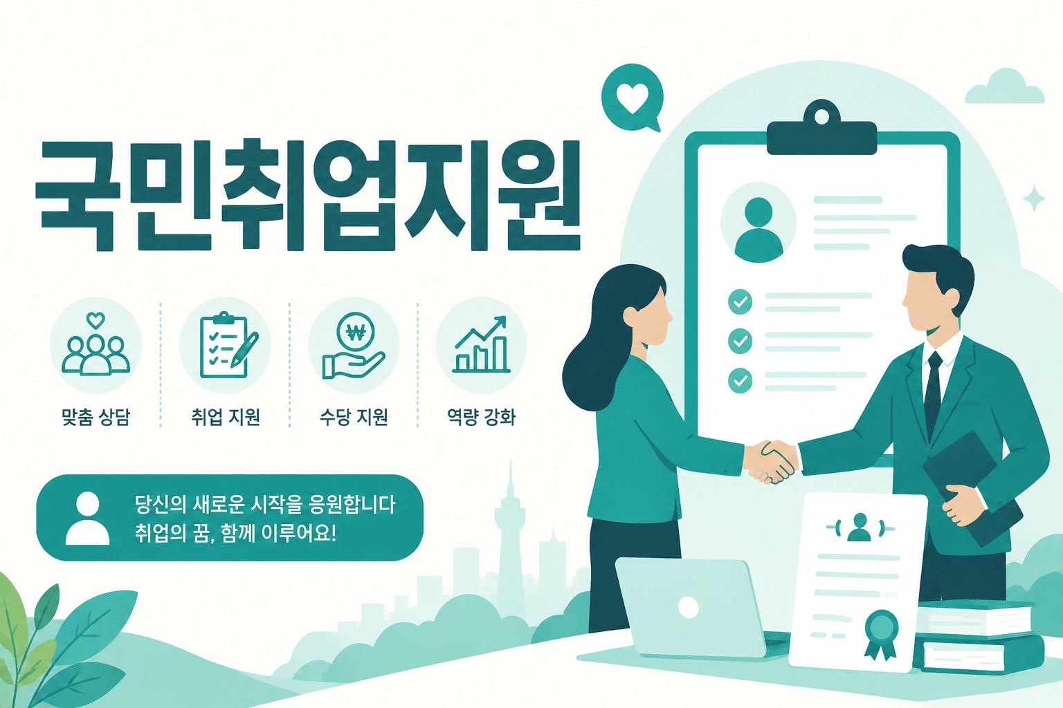 국민취업지원제도 안내 일러스트 — 1유형 구직촉진수당 월 60만원(부양가족 가산 시 최대 100만원)