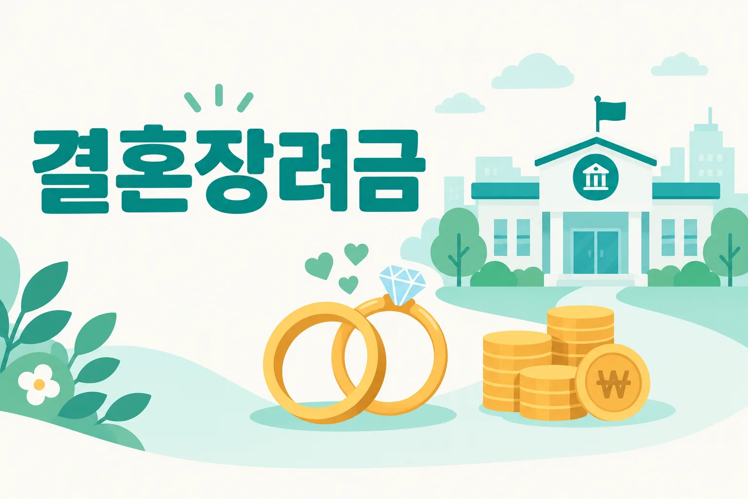 결혼장려금 안내 일러스트 — 시행 지자체 십수 곳 · 100만~500만원 · 대부분 분할지급