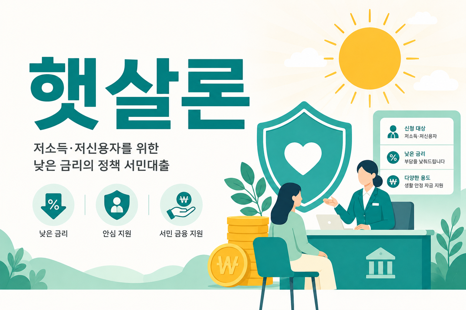 햇살론 안내 일러스트 — 일반 1,500만·연 10% 이내 / 특례 1,000만·연 12.5% 이내(배려대상 9.9%)