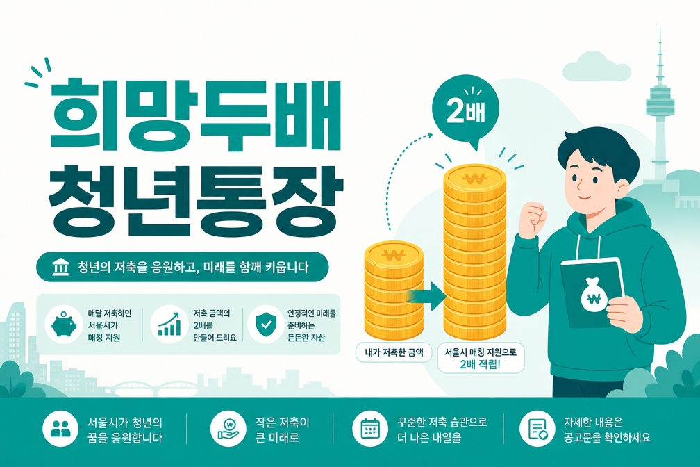 희망두배 청년통장 안내 일러스트 — 월 15만원 저축 시 서울시가 동일액 매칭 — 2년 720만원 / 3년 1,080만원