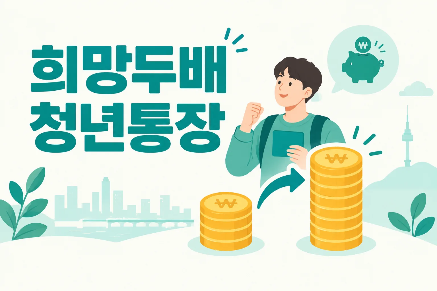 희망두배 청년통장 안내 일러스트 — 자산형성 계열은 대부분 불가 · 고용·세제 지원은 대부분 가능