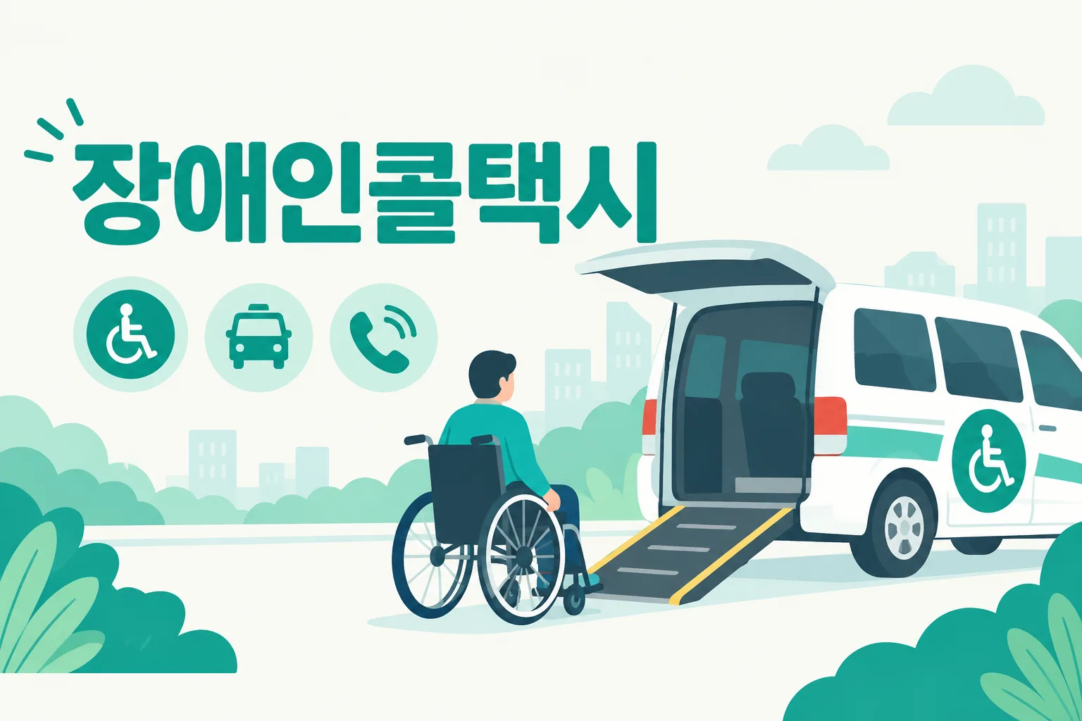 장애인콜택시 안내 일러스트 — 전국 시·군 법정 의무 · 매일 24시간 운행 · 요금은 조례