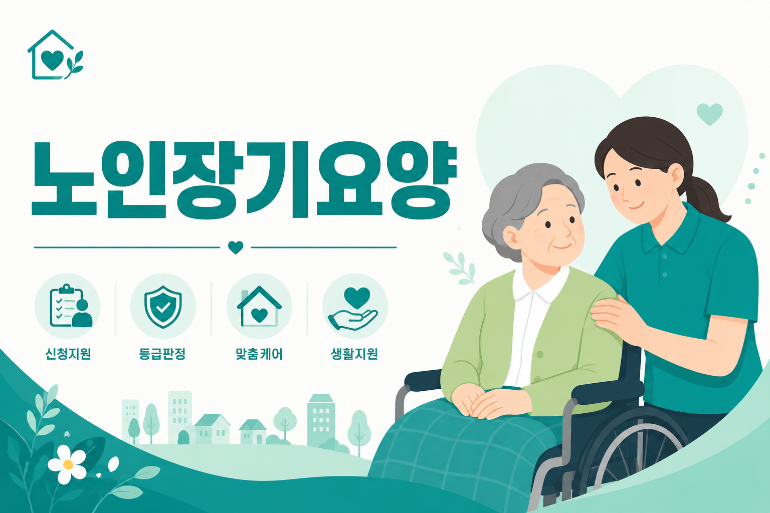 노인장기요양 안내 일러스트 — 재가 본인부담 15% · 시설 20% (감경 대상 경감)