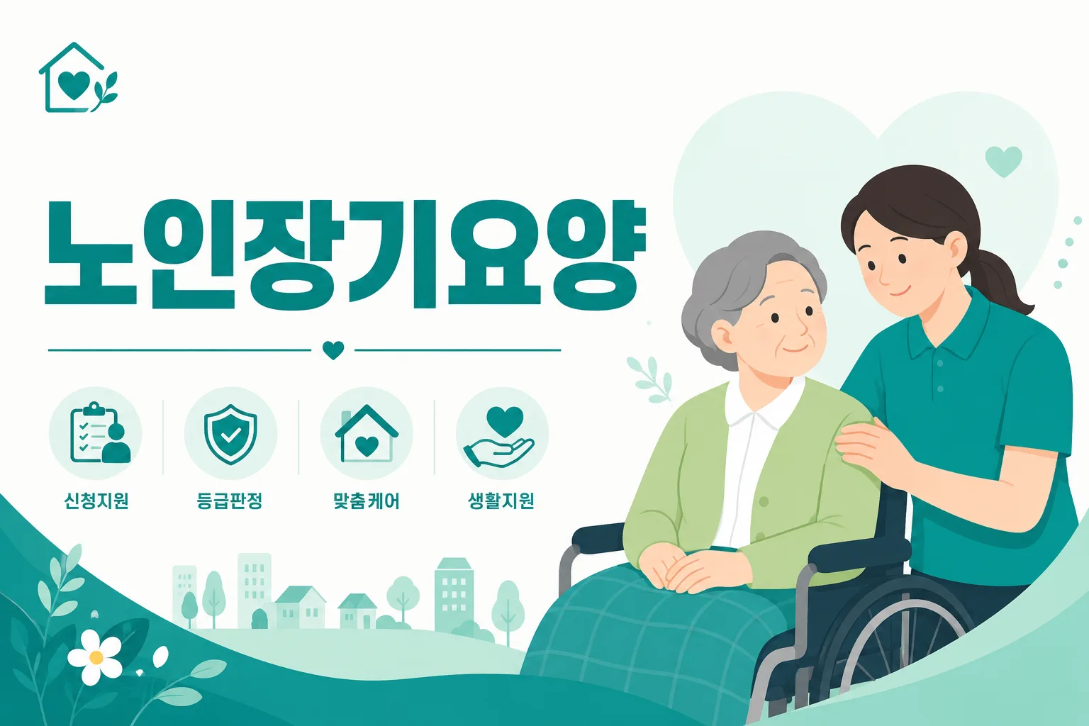 노인장기요양 안내 일러스트 — 인정점수로 1~5등급·인지지원등급 판정