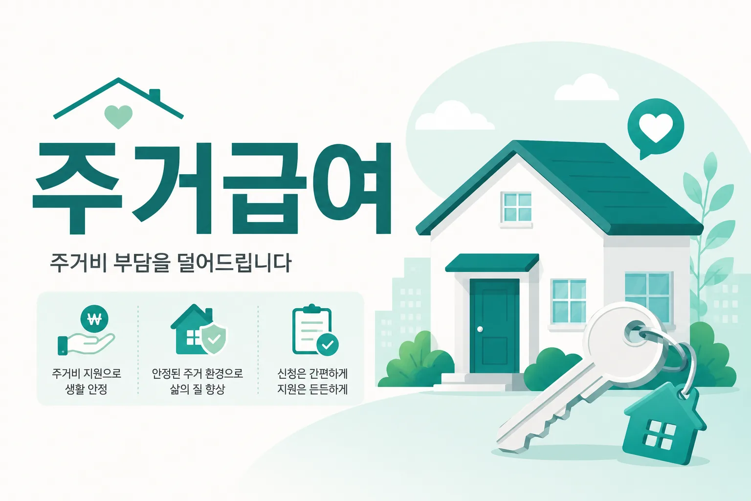 주거급여 안내 일러스트 — 소득인정액 중위 48% 이하, 부양의무자 기준 없음