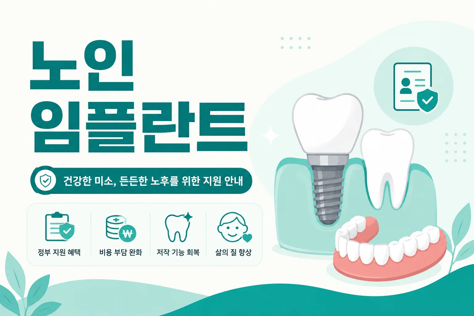 노인 임플란트·틀니 안내 일러스트 — 본인부담 30%(건강보험 70% 지원)