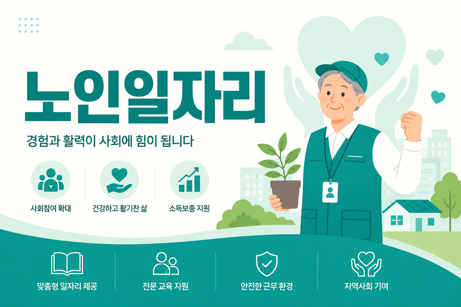 노인일자리 안내 일러스트 — 공익활동 월 29만원 · 사회서비스형 월 약 76만원