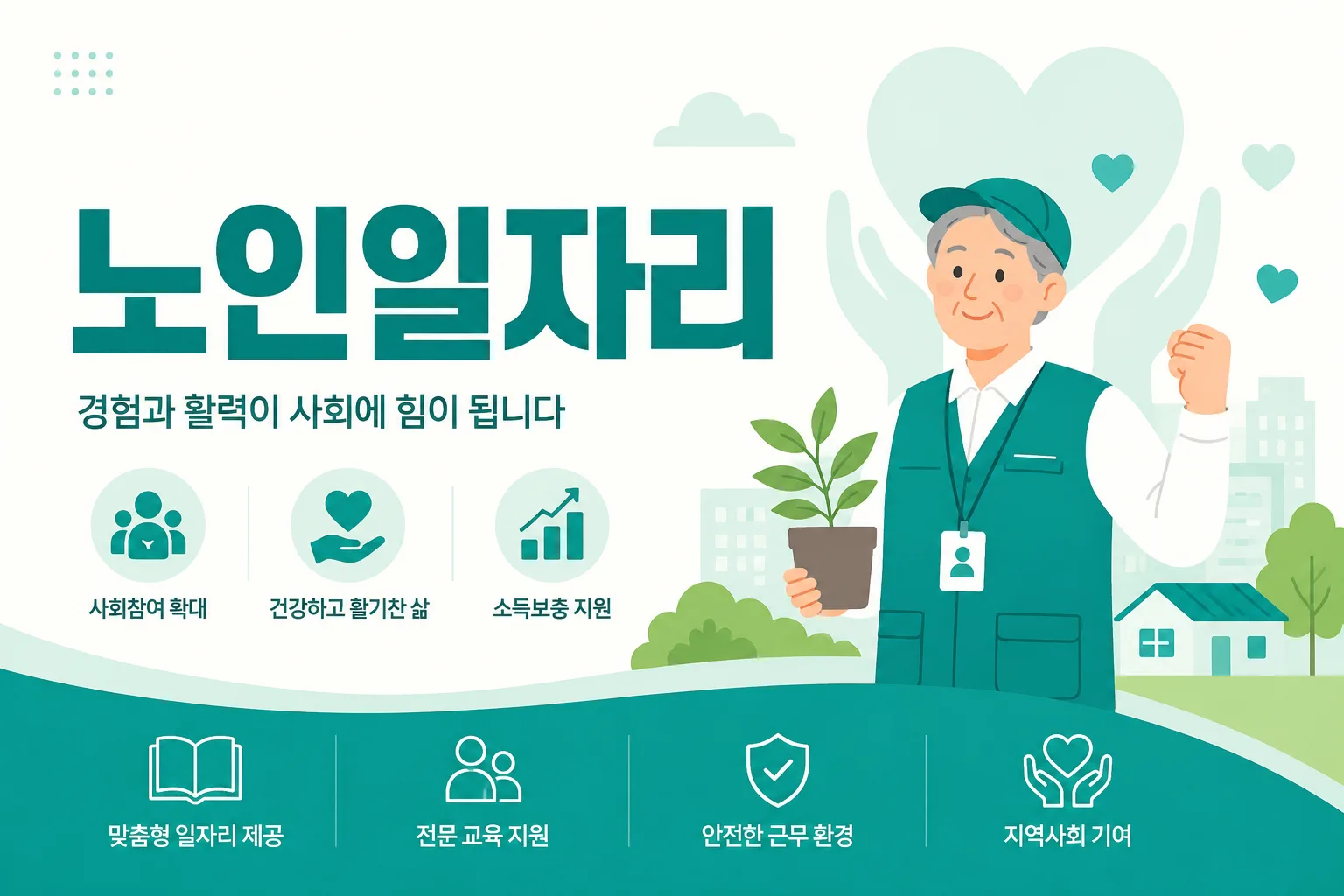 노인일자리 안내 일러스트 — 공익활동 월 29만원 · 사회서비스형 월 약 76만원