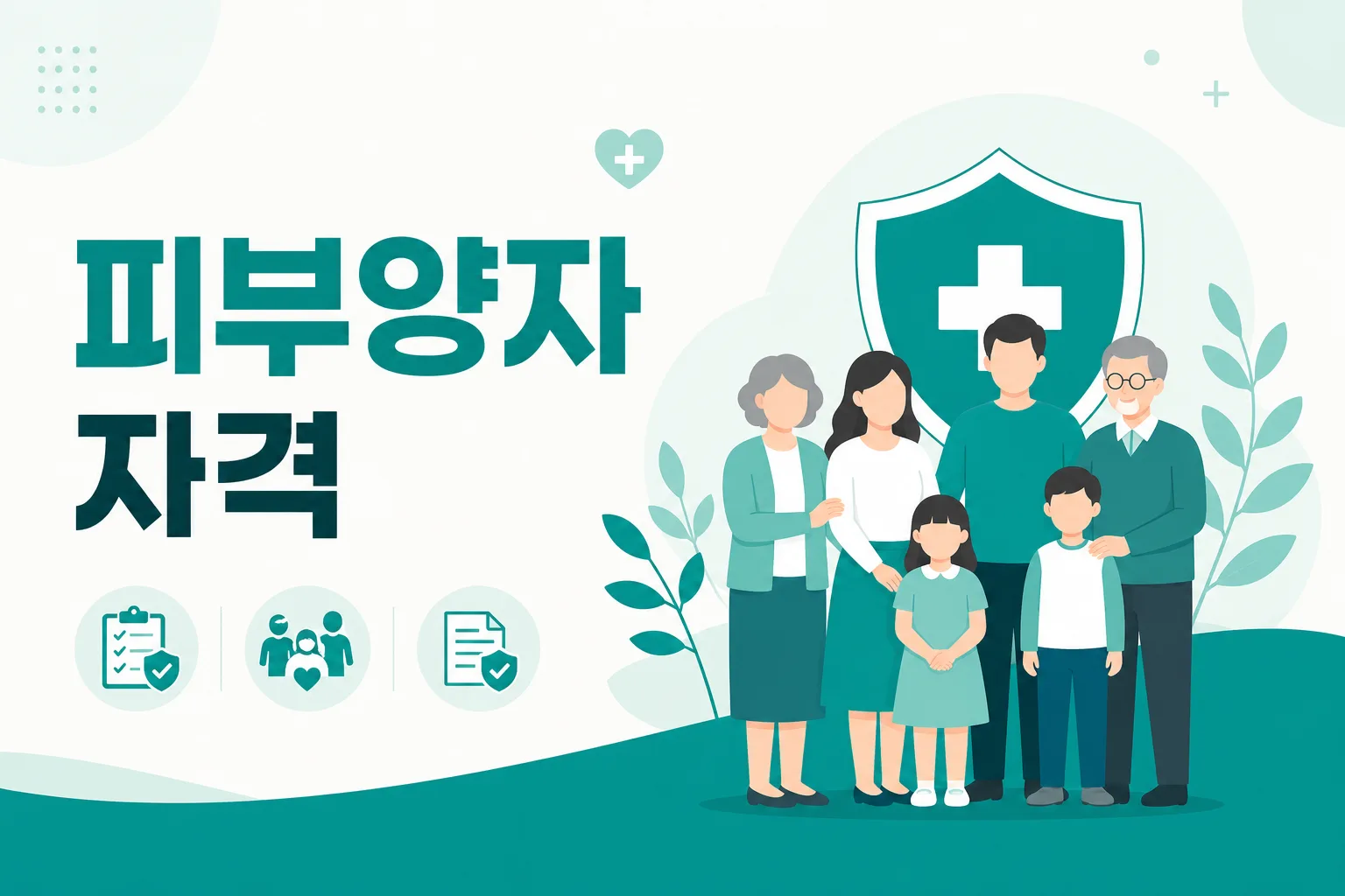 건강보험 피부양자 자격 안내 일러스트 — 합산소득 2천만원·재산 과표 5.4억 이하 시 보험료 없이 건강보험 적용