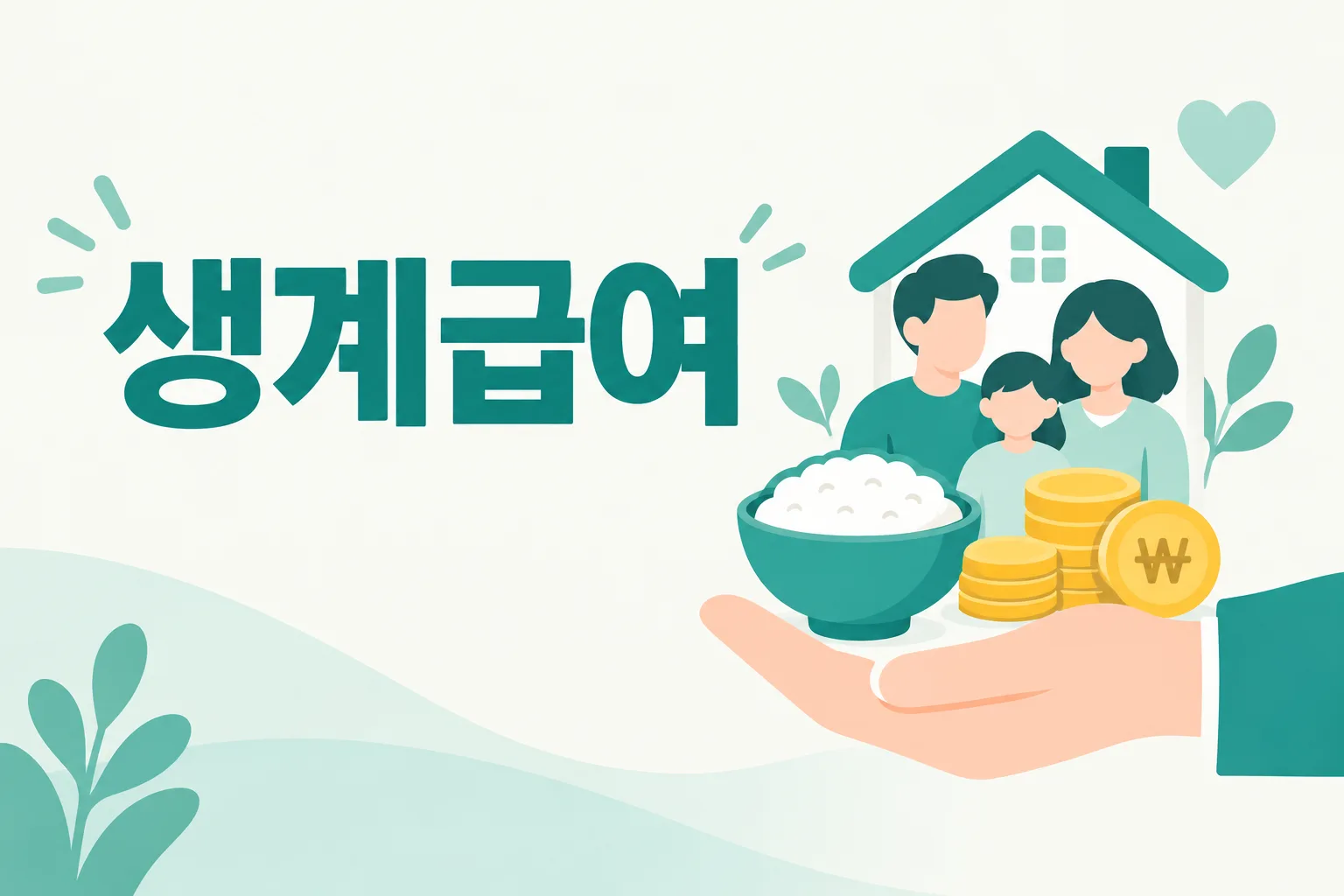 생계급여 안내 일러스트 — 생계급여 부양의무자 기준 폐지 · 연 1.3억 또는 재산 12억 초과 시만 제외