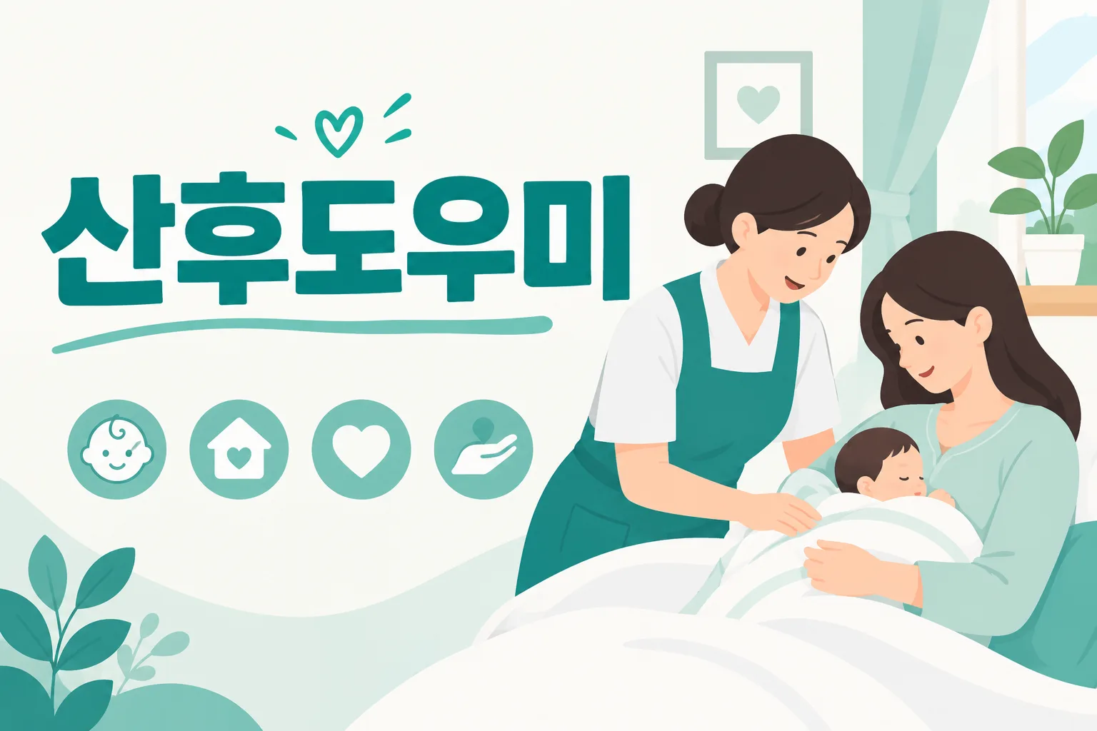산후도우미 안내 일러스트 — 5~40일 가정방문 서비스 · 본인부담금 발생(지자체가 일부 환급)