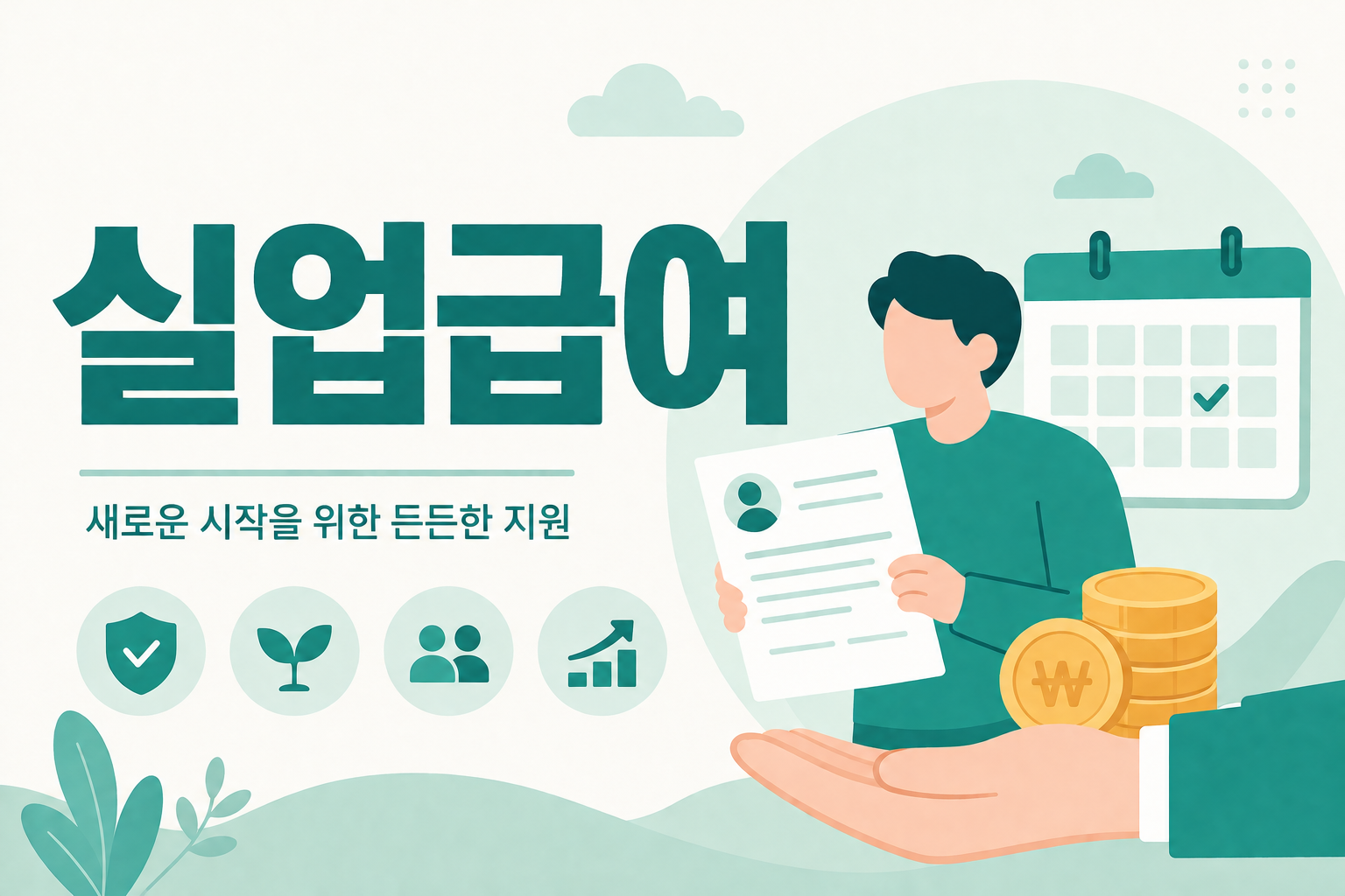 실업급여 안내 일러스트 — 1일 66,048~68,100원 × 120~270일 (최대 약 1,838만원)