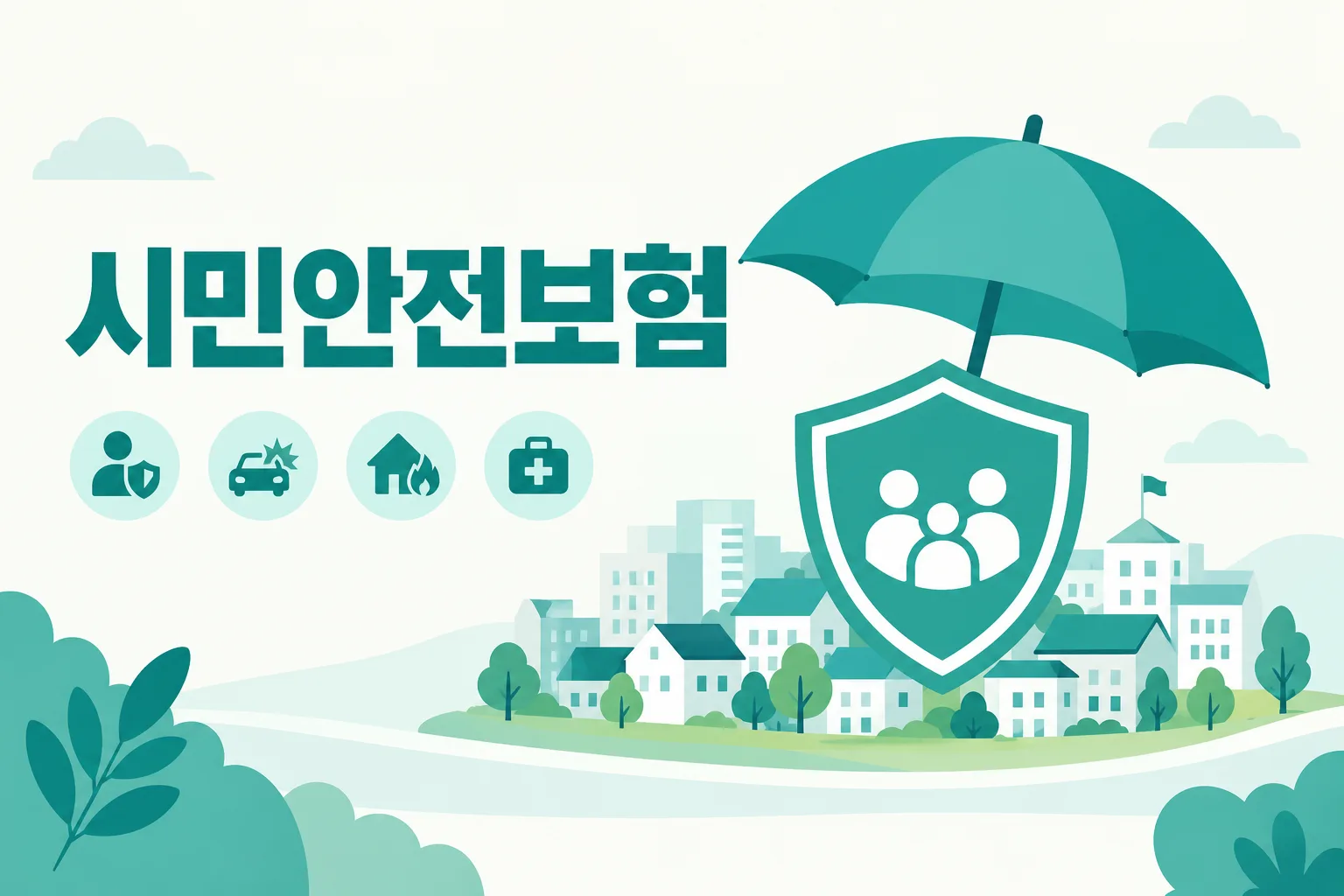 시민안전보험 안내 일러스트 — 보험료 0원 · 지자체가 전액 부담 · 보장내역은 지자체별 상이