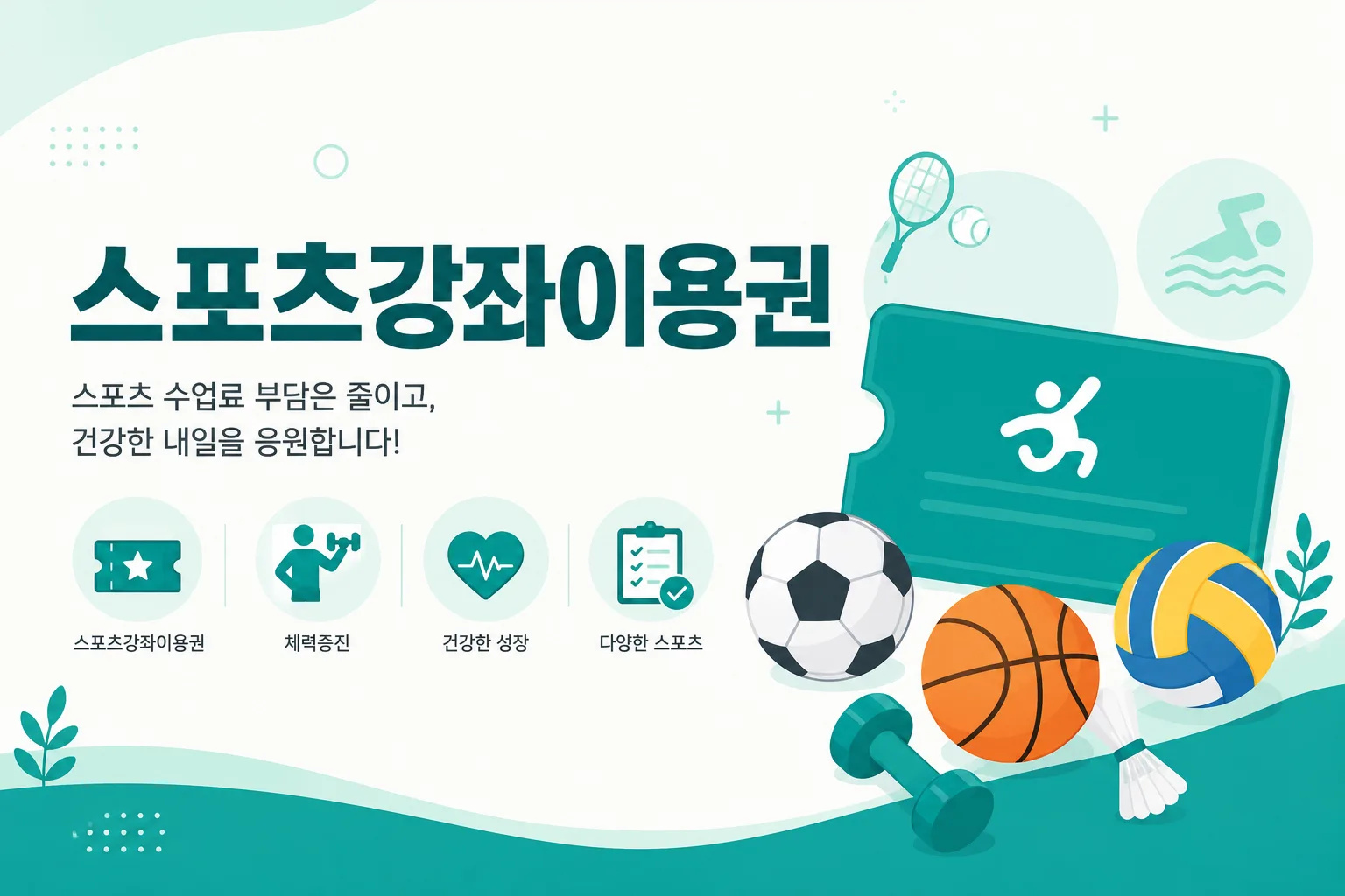 스포츠강좌이용권 안내 일러스트 — 유청소년 월 10.5만원 · 장애인 월 11만원