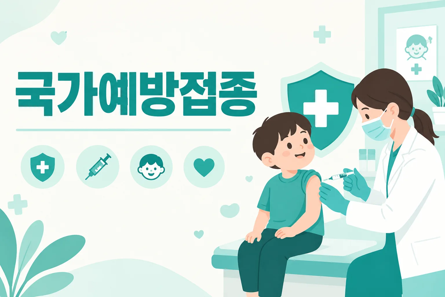 국가예방접종 안내 일러스트 — 백신비+시행비 전액 무료 (위탁의료기관·보건소 한정)